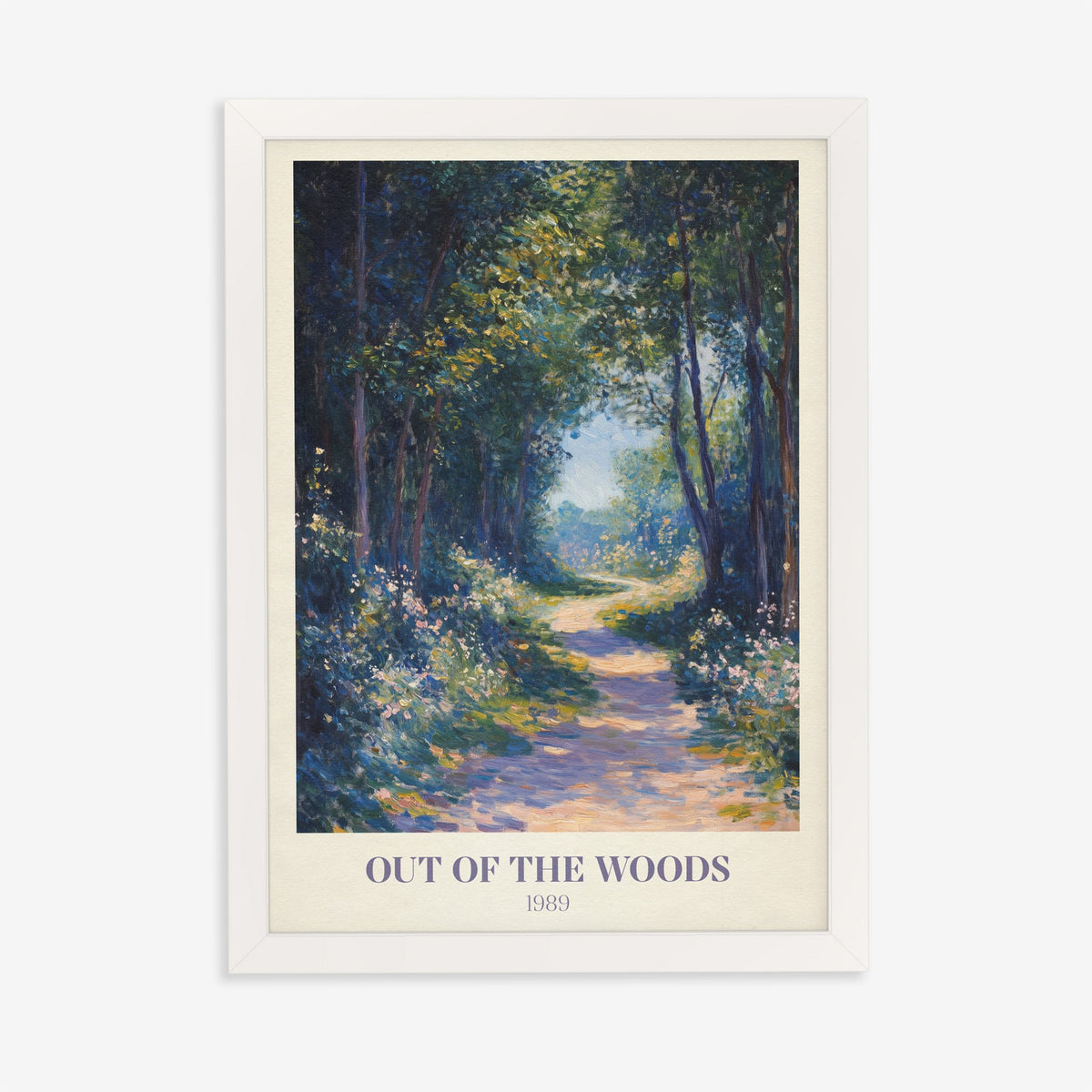 Out Of The Woods Taylor Swift print of a sunlit woodland path between white wildflowers, in a white frame on a plain wall
