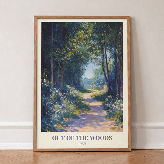 Out Of The Woods Taylor Swift print of a sunlit woodland path between white wildflowers, in an oak frame, leaning against a wall on a herringbone floor