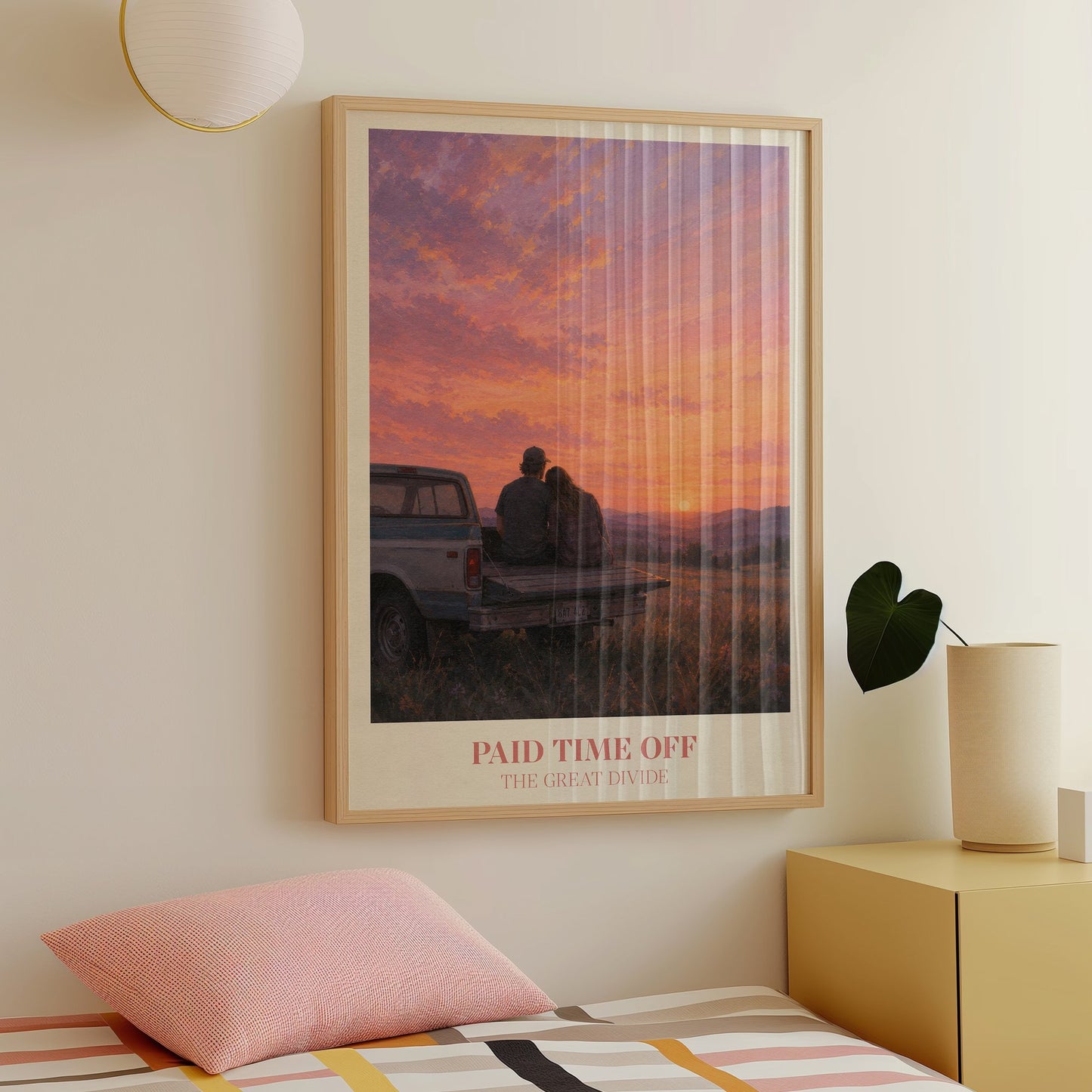 Paid Time Off lyric wall art print inspired by Noah Kahan hung on a colourful room wall