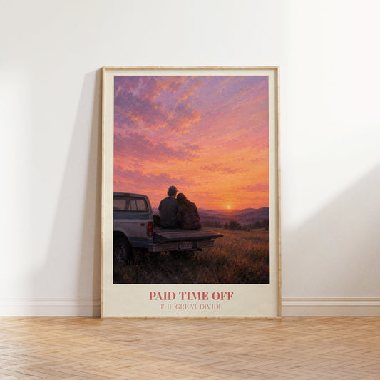 Paid Time Off lyric wall art print inspired by Noah Kahan leaning against a white wall on a wooden herringbone floor in soft daylight