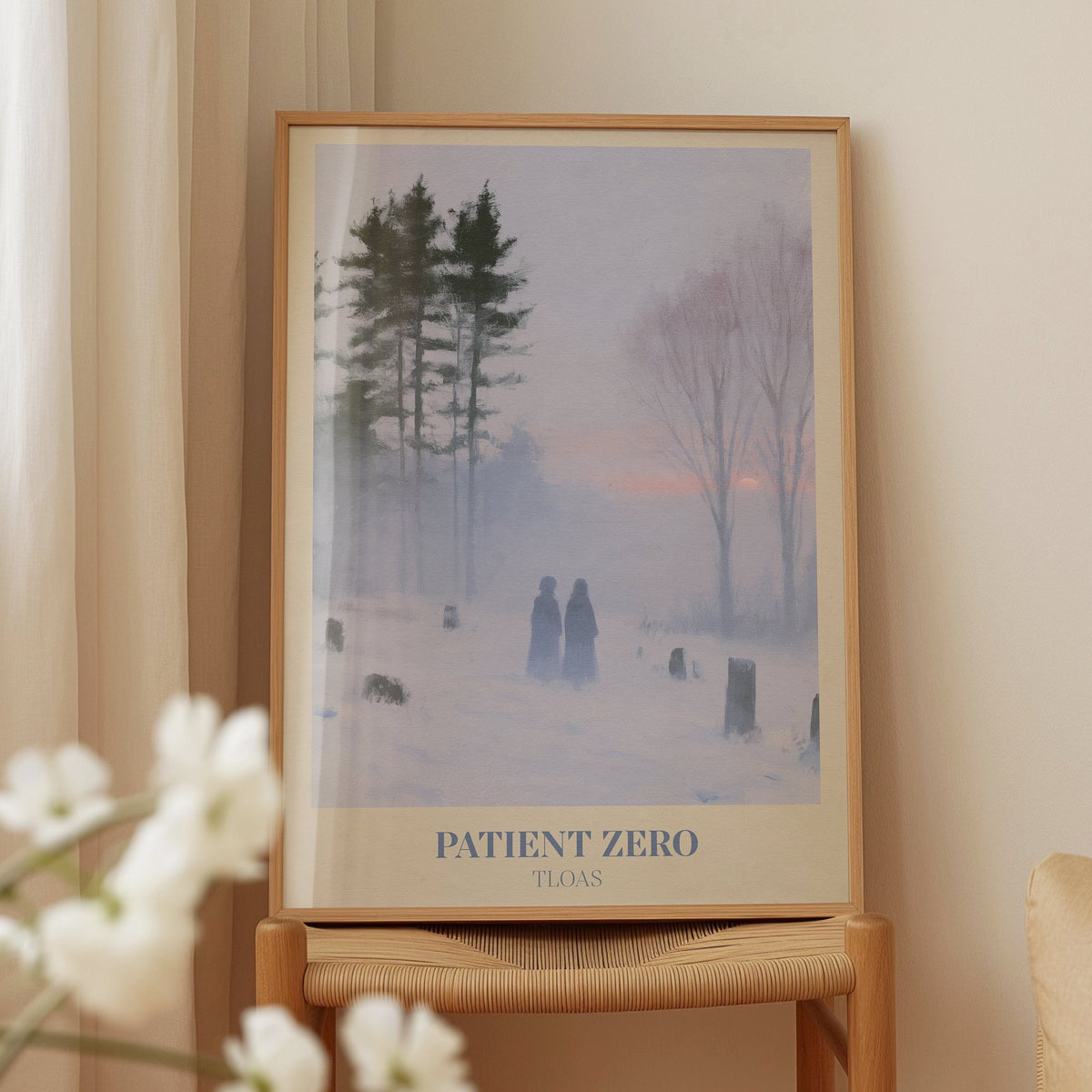 Patient Zero Taylor Swift print of two figures in a snowy mist, on a wooden chair