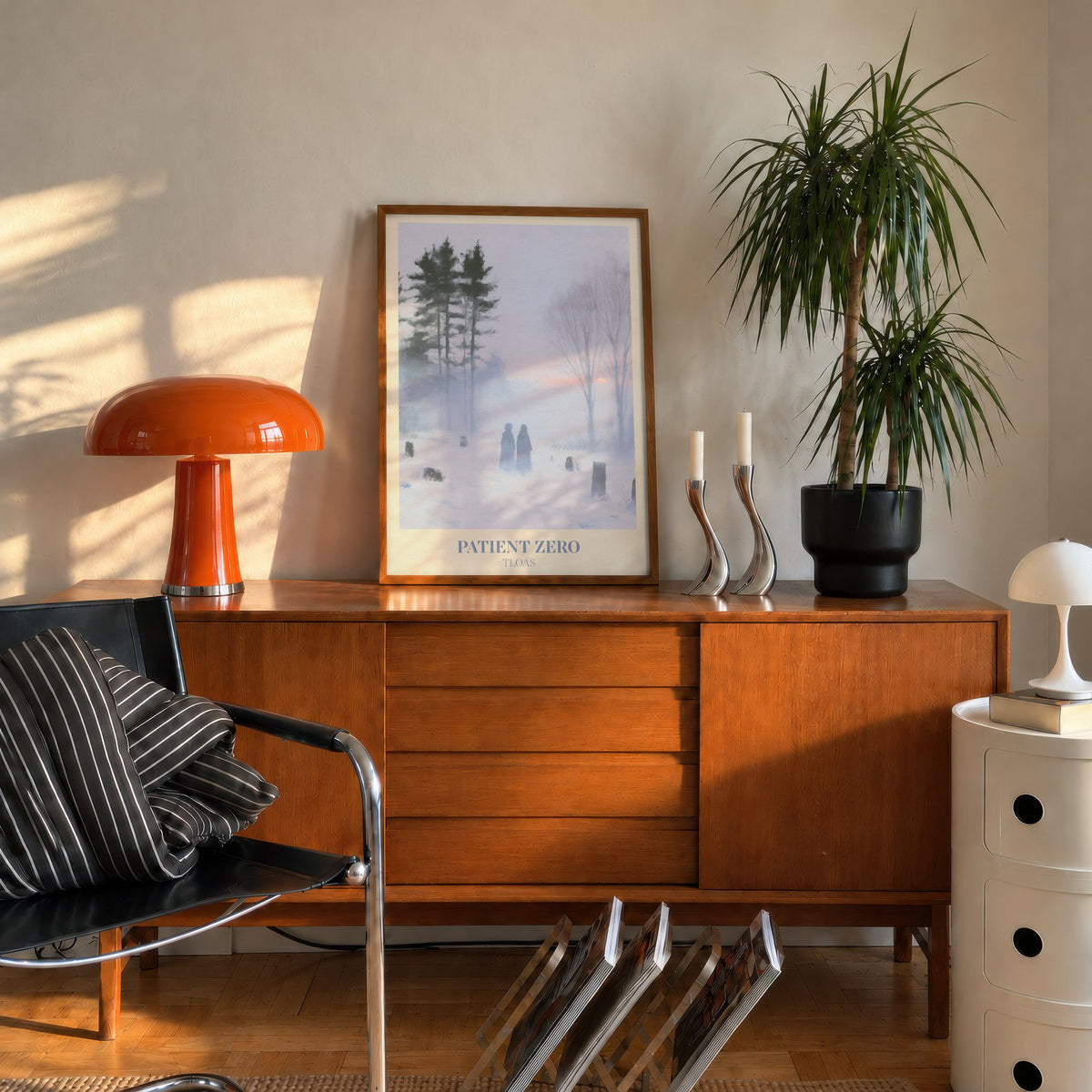 Patient Zero Taylor Swift print of two figures in a snowy mist, leaning on a mid-century sideboard beside an orange lamp