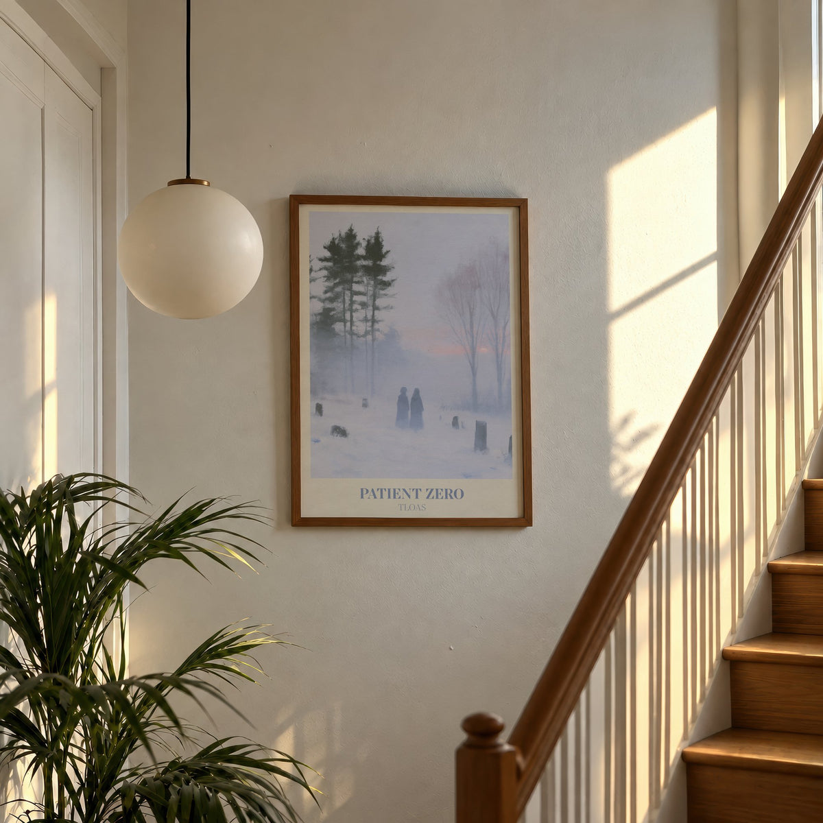Patient Zero Taylor Swift print of two figures in a snowy mist, hung on a sunlit stair landing
