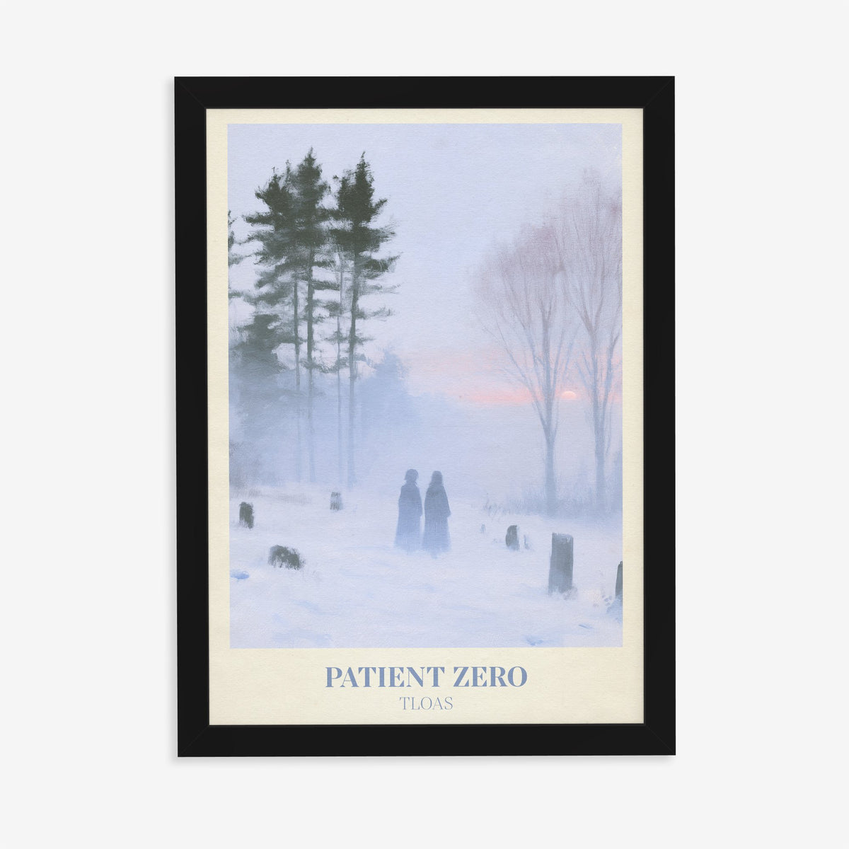 Patient Zero Taylor Swift print of two figures in a snowy mist, in a black frame on a plain wall