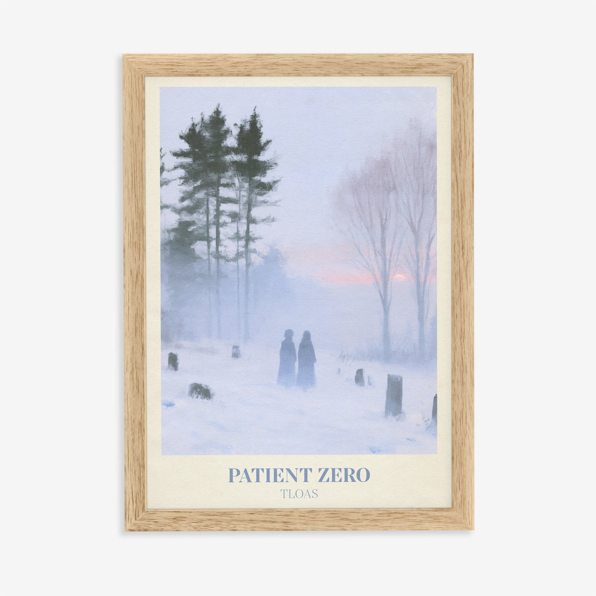 Patient Zero Taylor Swift print of two figures in a snowy mist, in an oak frame on a plain wall