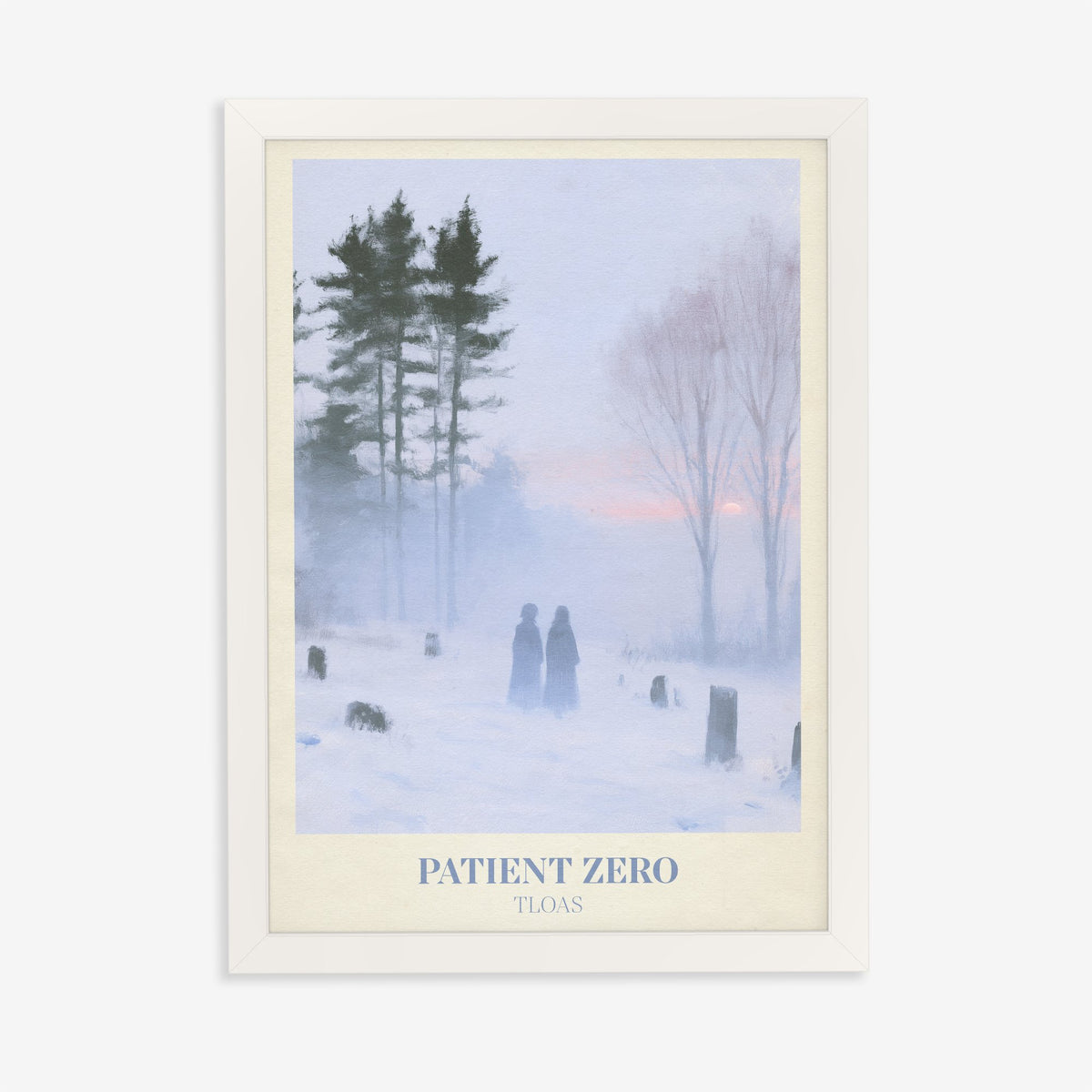 Patient Zero Taylor Swift print of two figures in a snowy mist, in a white frame on a plain wall