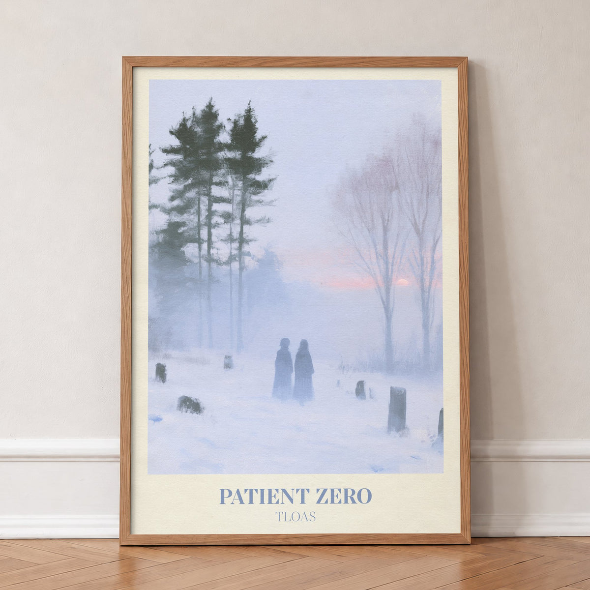 Patient Zero Taylor Swift print of two figures in a snowy mist, in an oak frame, leaning against a wall on a herringbone floor