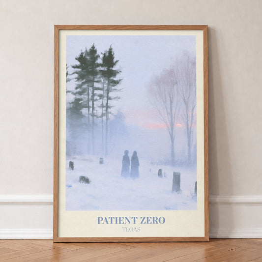 Patient Zero Taylor Swift print of two figures in a snowy mist, in an oak frame, leaning against a wall on a herringbone floor