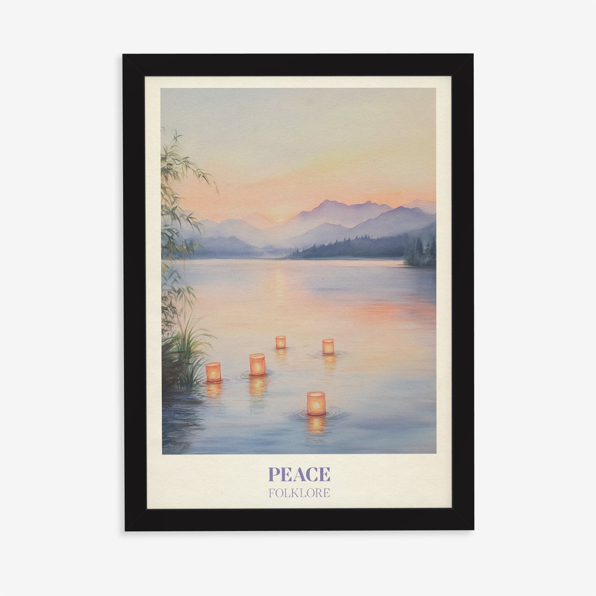 Peace Taylor Swift print of floating lanterns on a calm lake below lilac mountains, in a black frame on a plain wall