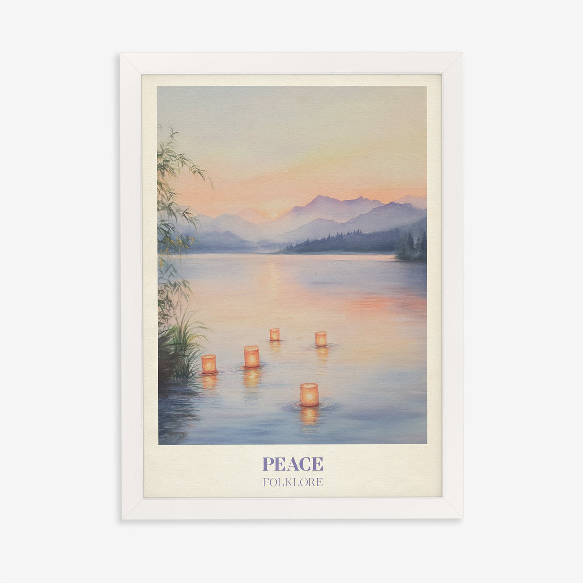 Peace Taylor Swift print of floating lanterns on a calm lake below lilac mountains, in a white frame on a plain wall