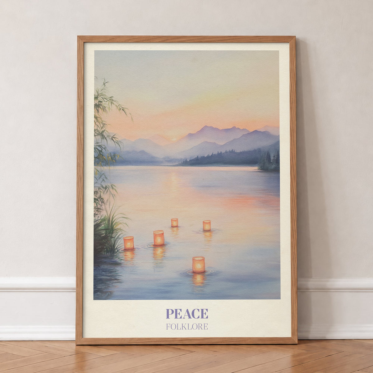 Peace Taylor Swift print of floating lanterns on a calm lake below lilac mountains, in an oak frame, leaning against a wall on a herringbone floor
