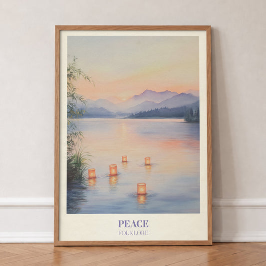 Peace Taylor Swift print of floating lanterns on a calm lake below lilac mountains, in an oak frame, leaning against a wall on a herringbone floor