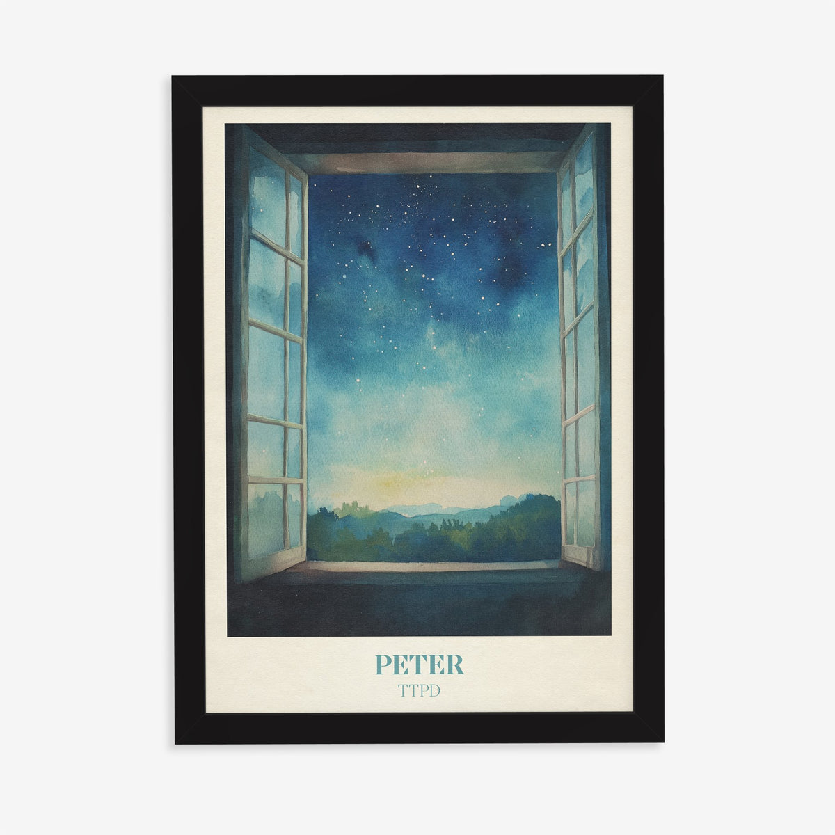 Peter Taylor Swift print of an open window onto a starry night sky over distant hills, in a black frame on a plain wall