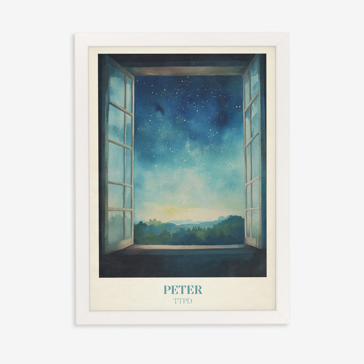 Peter Taylor Swift print of an open window onto a starry night sky over distant hills, in a white frame on a plain wall