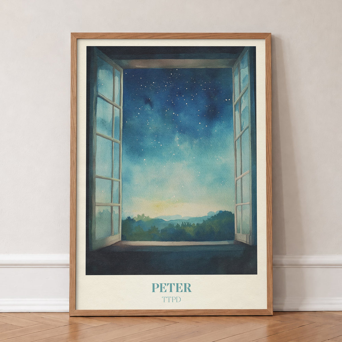 Peter Taylor Swift print of an open window onto a starry night sky over distant hills, in an oak frame, leaning against a wall on a herringbone floor
