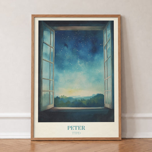 Peter Taylor Swift print of an open window onto a starry night sky over distant hills, in an oak frame, leaning against a wall on a herringbone floor