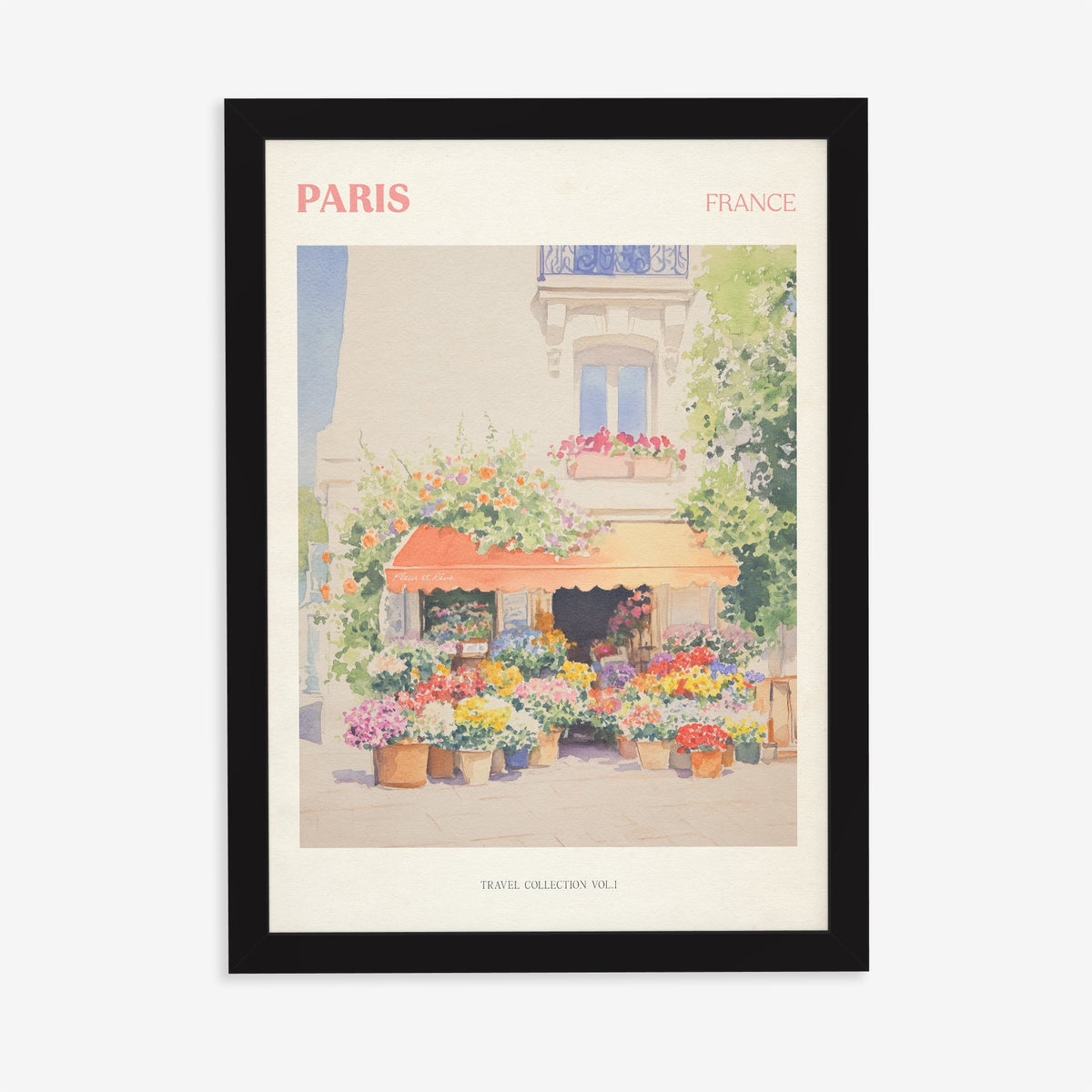 Paris travel print of a flower stall with an orange awning and pots of bright flowers, in a black frame on a plain wall