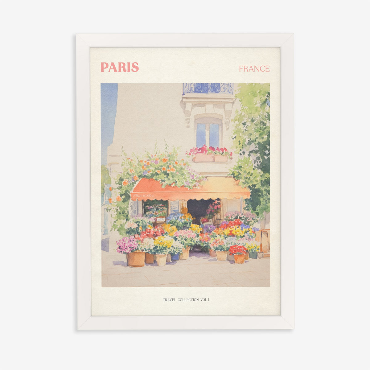 Paris travel print of a flower stall with an orange awning and pots of bright flowers, in a white frame on a plain wall