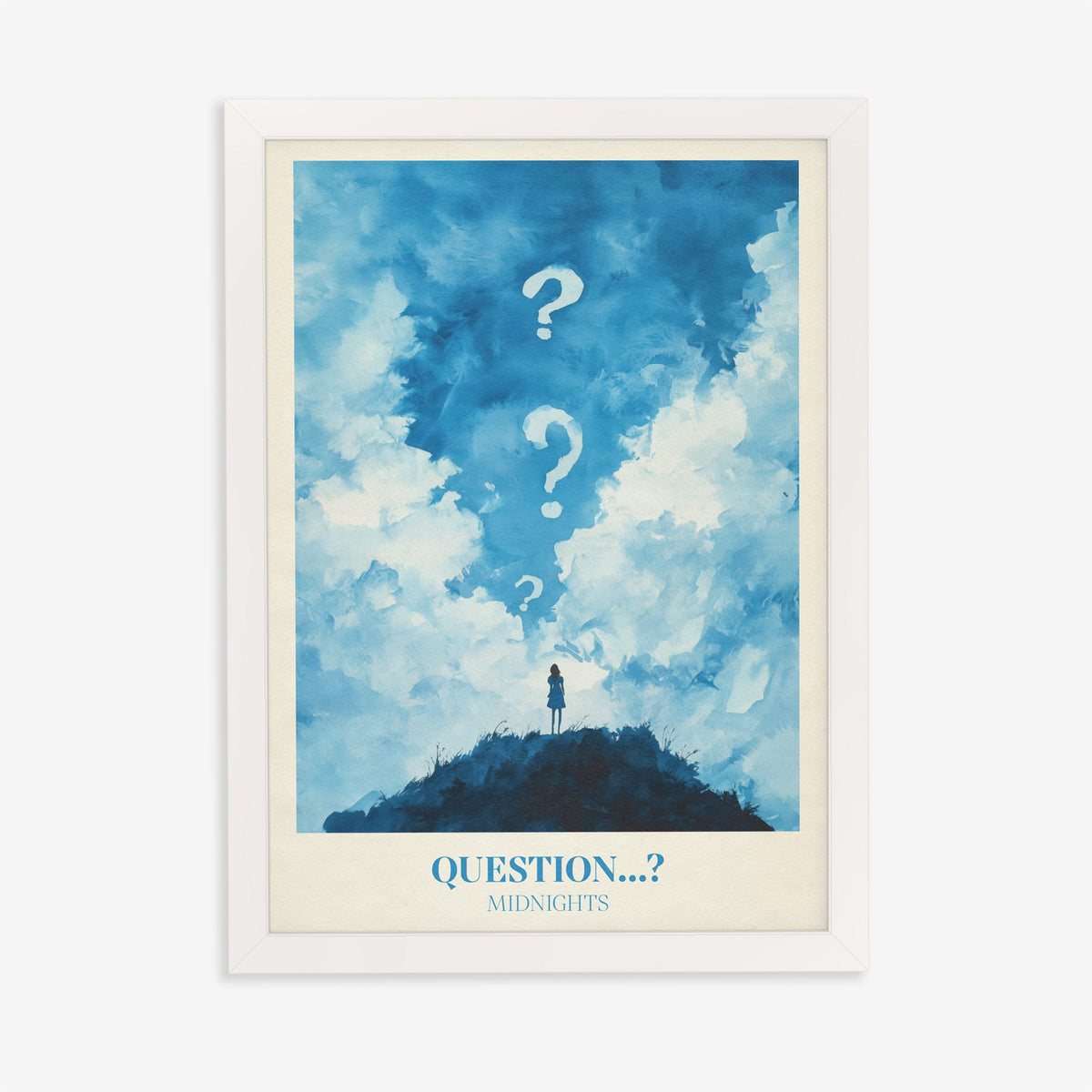 Question Taylor Swift print of a lone figure on a hill under clouds and question marks, in a white frame on a plain wall