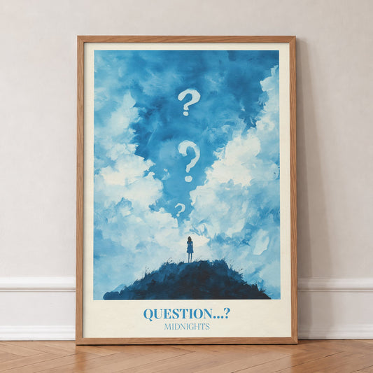 Question Taylor Swift print of a lone figure on a hill under clouds and question marks, in an oak frame, leaning against a wall on a herringbone floor