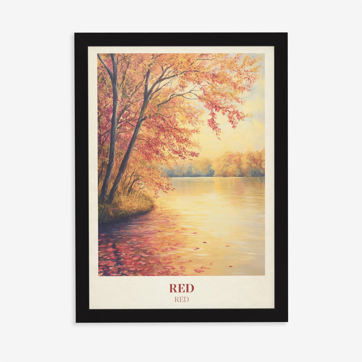 Red Taylor Swift print of red and orange autumn trees beside a still lake, in a black frame on a plain wall