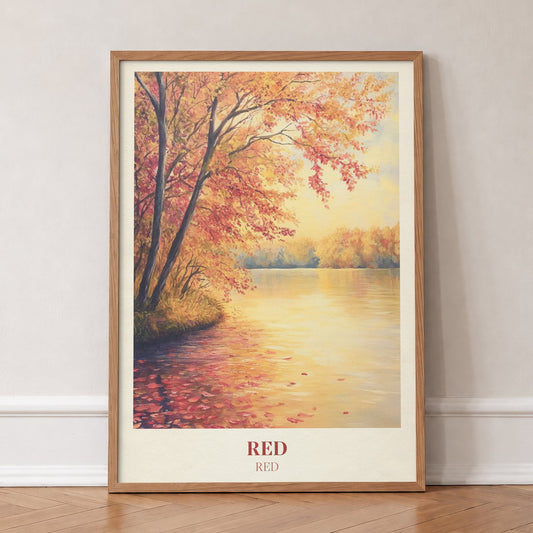 Red Taylor Swift print of red and orange autumn trees beside a still lake, in an oak frame, leaning against a wall on a herringbone floor