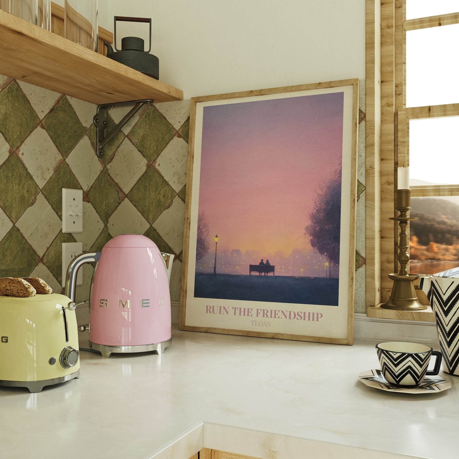Ruin The Friendship lyric wall art print inspired by Taylor Swift on a kitchen counter beside a kettle and toaster