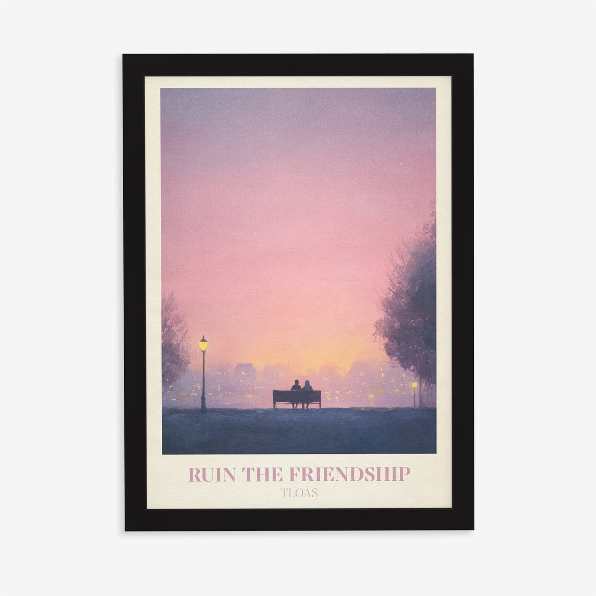 Ruin The Friendship Taylor Swift print of two people on a bench under a street lamp at dusk, in a black frame on a plain wall