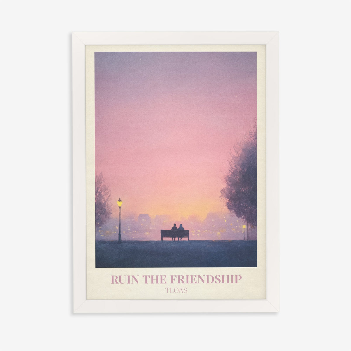 Ruin The Friendship Taylor Swift print of two people on a bench under a street lamp at dusk, in a white frame on a plain wall