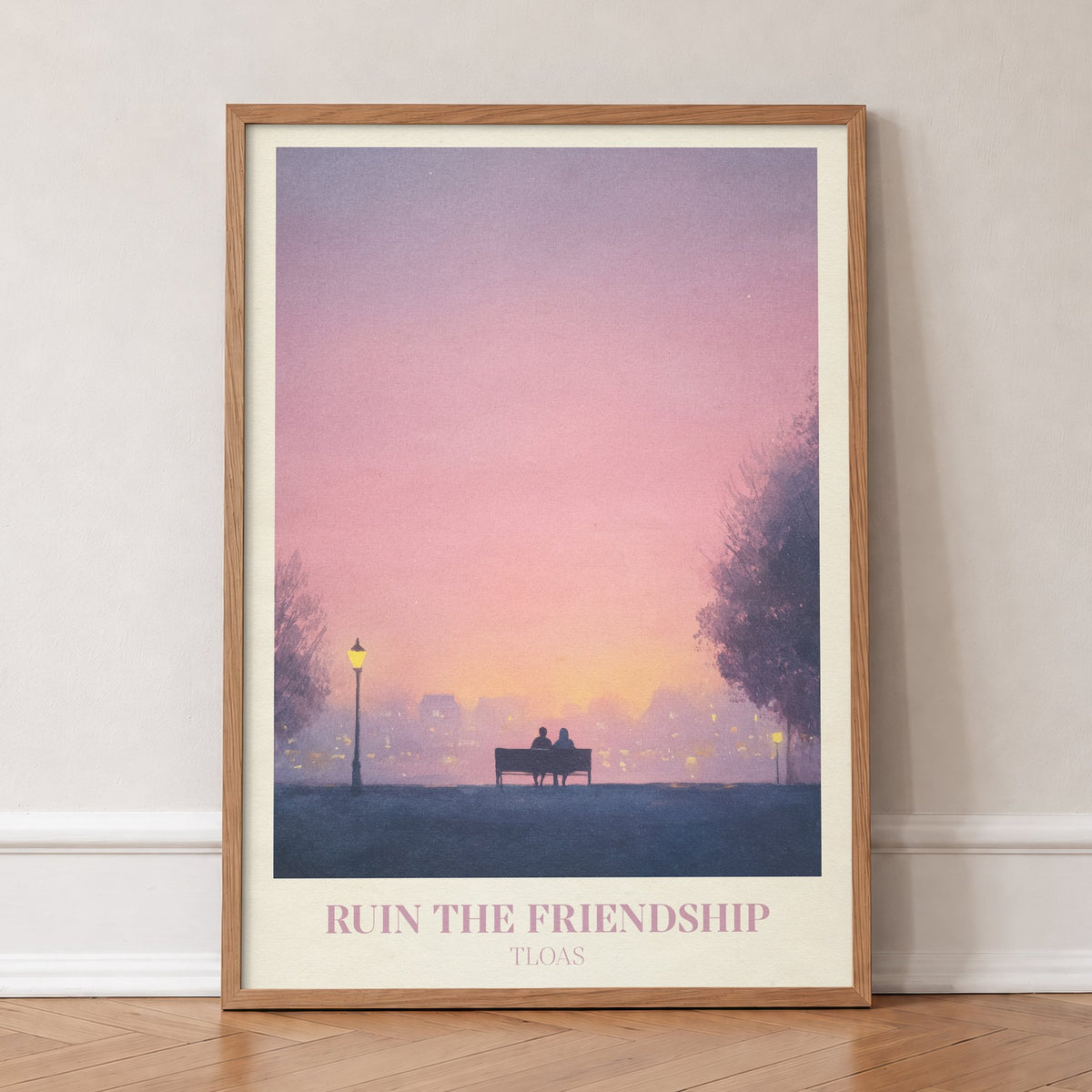 Ruin The Friendship Taylor Swift print of two people on a bench under a street lamp at dusk, in an oak frame, leaning against a wall on a herringbone floor