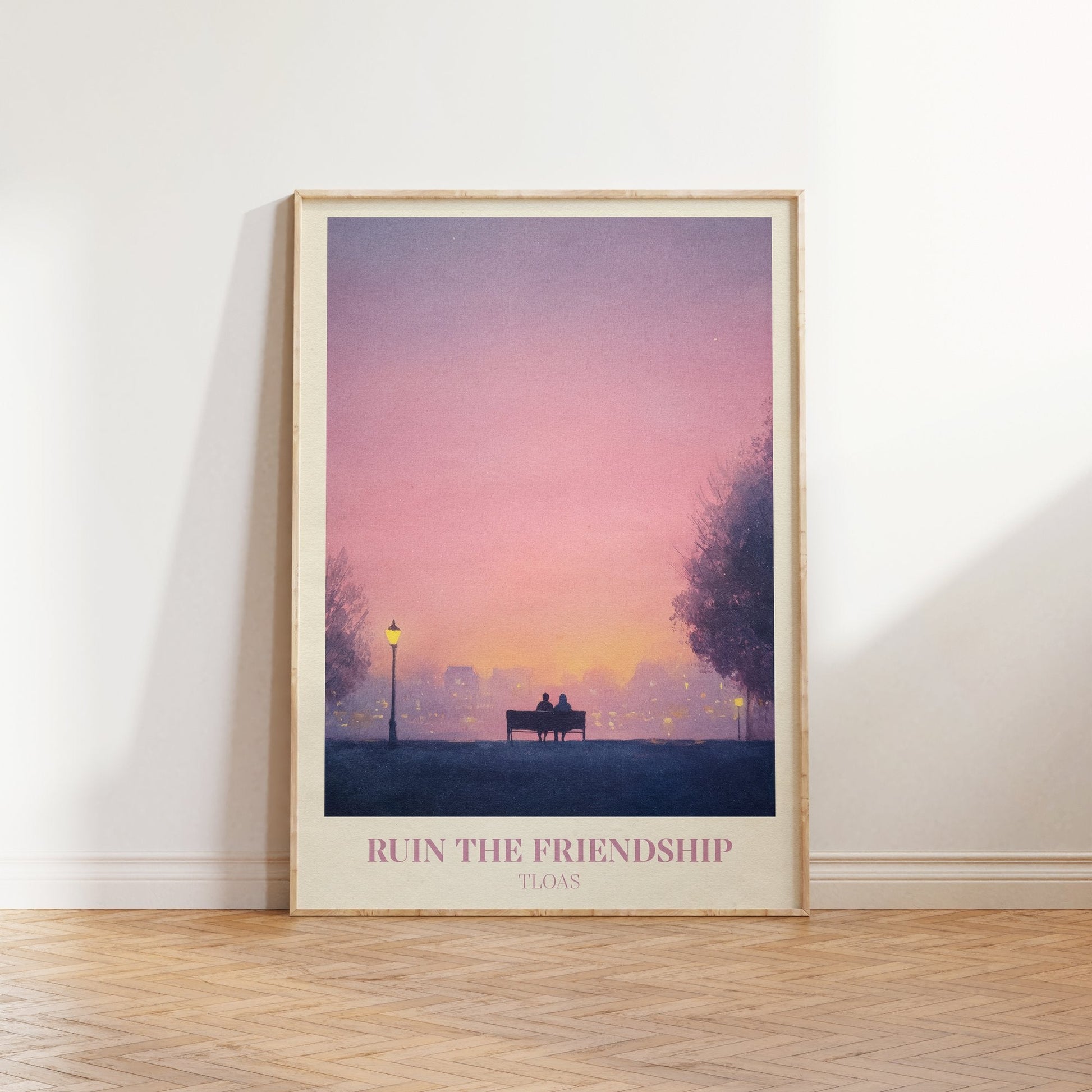 Ruin The Friendship lyric print inspired by Taylor Swift leaning against a white wall on a wooden herringbone floor in soft daylight