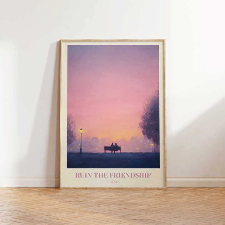 Ruin The Friendship lyric print inspired by Taylor Swift leaning against a white wall on a wooden herringbone floor in soft daylight