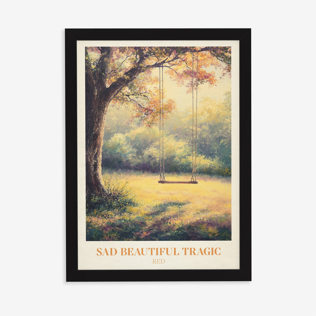 Sad Beautiful Tragic Taylor Swift print of a swing under an old tree in a golden meadow, in a black frame on a plain wall