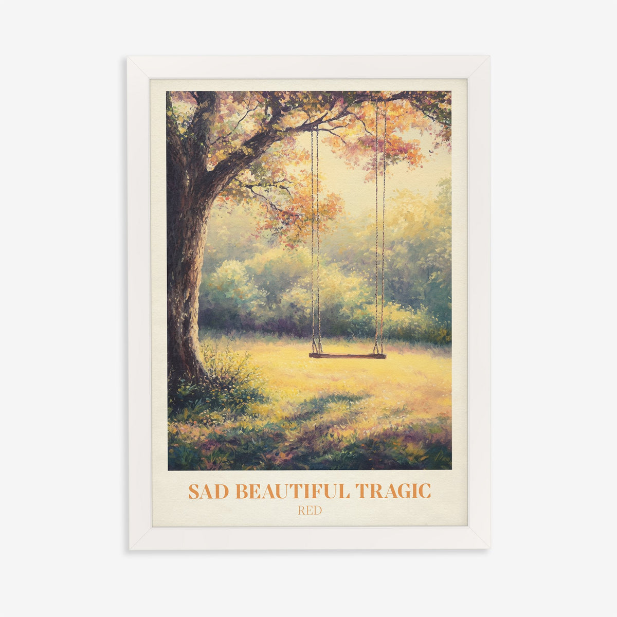 Sad Beautiful Tragic Taylor Swift print of a swing under an old tree in a golden meadow, in a white frame on a plain wall