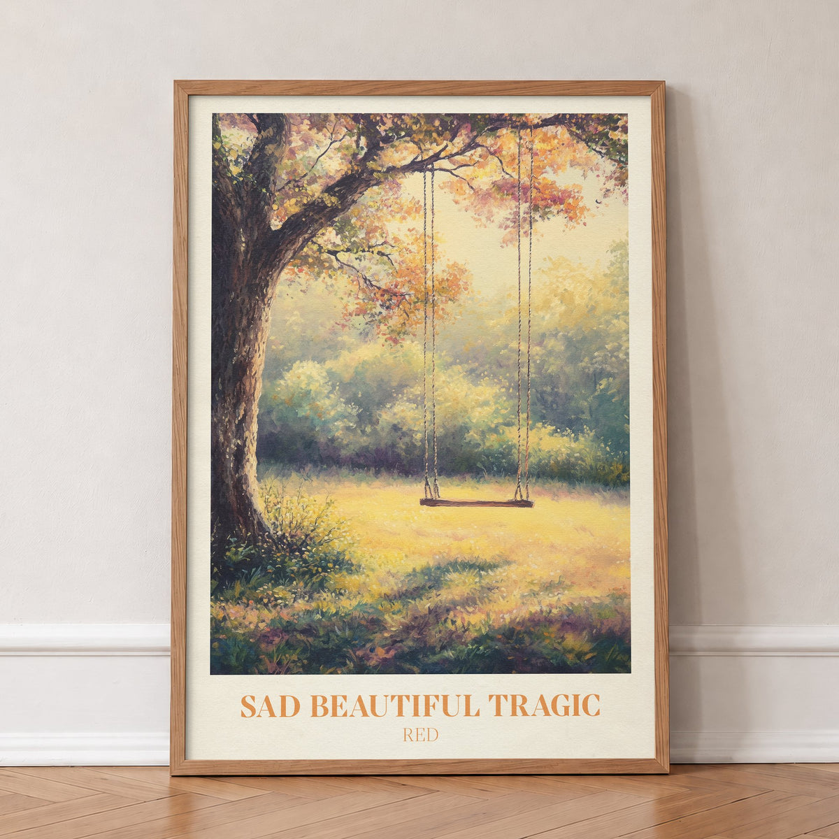 Sad Beautiful Tragic Taylor Swift print of a swing under an old tree in a golden meadow, in an oak frame, leaning against a wall on a herringbone floor