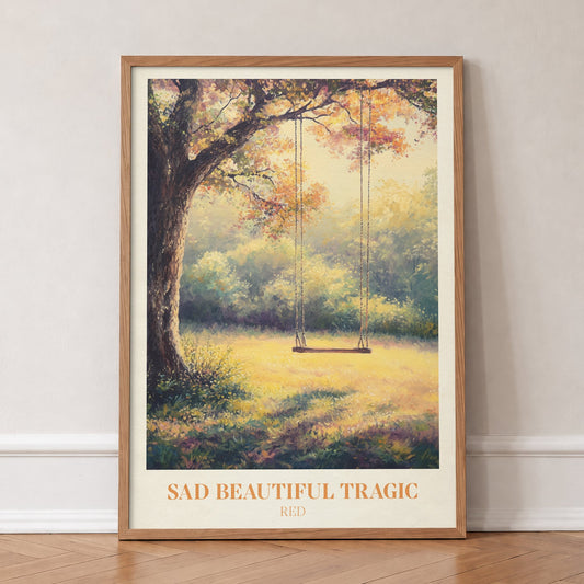 Sad Beautiful Tragic Taylor Swift print of a swing under an old tree in a golden meadow, in an oak frame, leaning against a wall on a herringbone floor