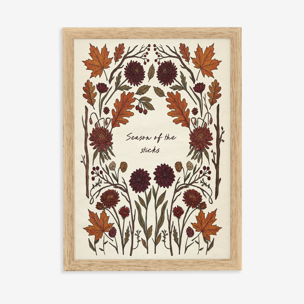 Season Of The Sticks Noah Kahan lyric print with a border of autumn leaves and dahlias, in an oak frame on a plain wall