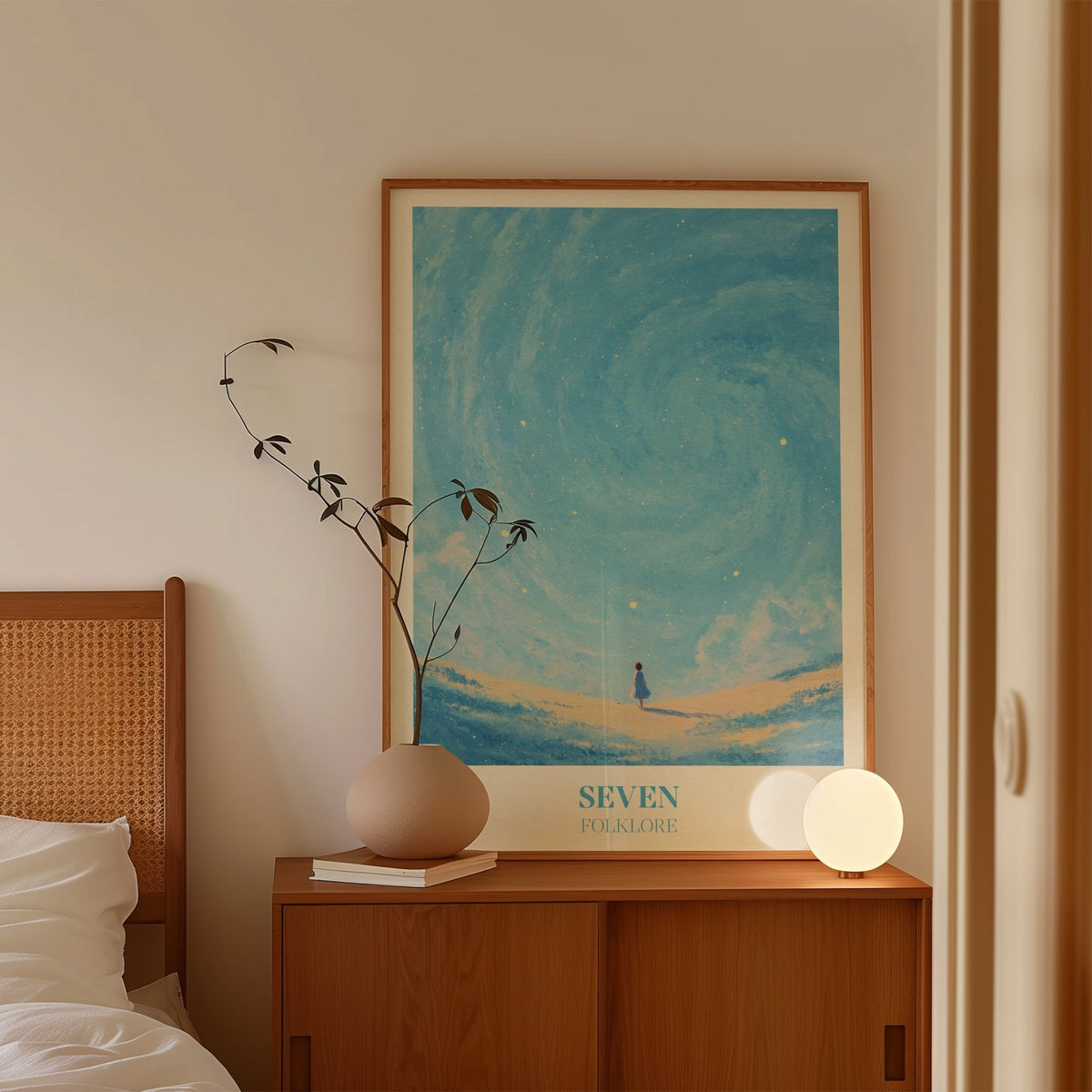 Seven Taylor Swift print of a little girl in a blue dress under a swirling, starry blue sky, framed on a bedside cabinet