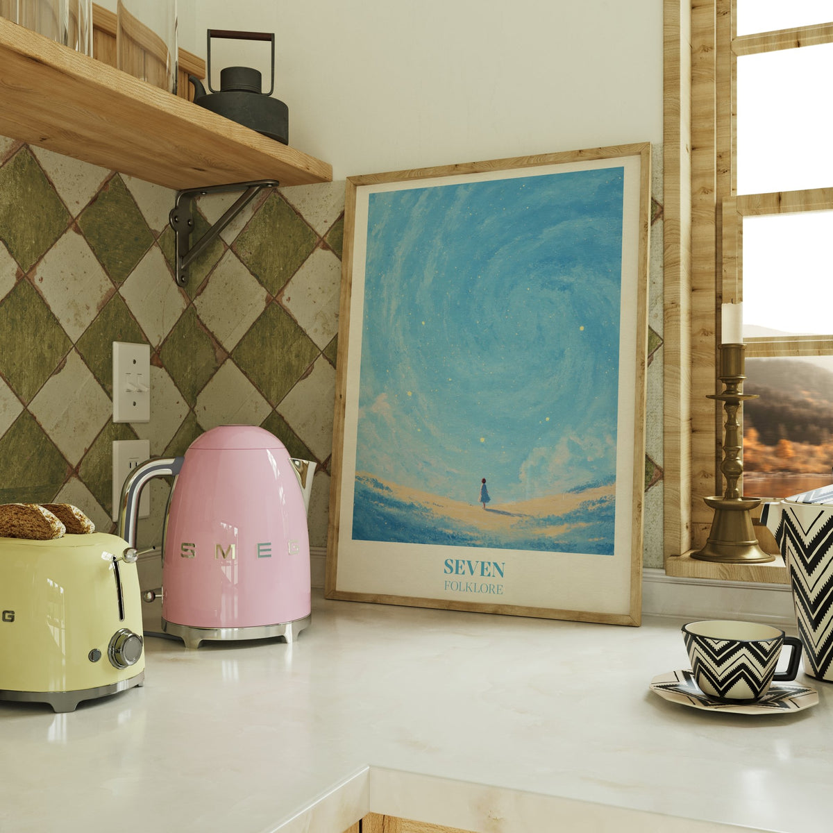 Seven Taylor Swift print of a little girl in a blue dress under a swirling, starry blue sky, framed on a kitchen counter