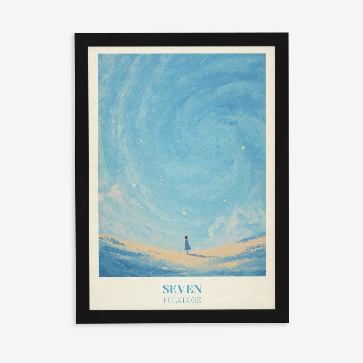 Seven Taylor Swift print of a little girl in a blue dress under a swirling, starry blue sky, in a black frame on a plain wall