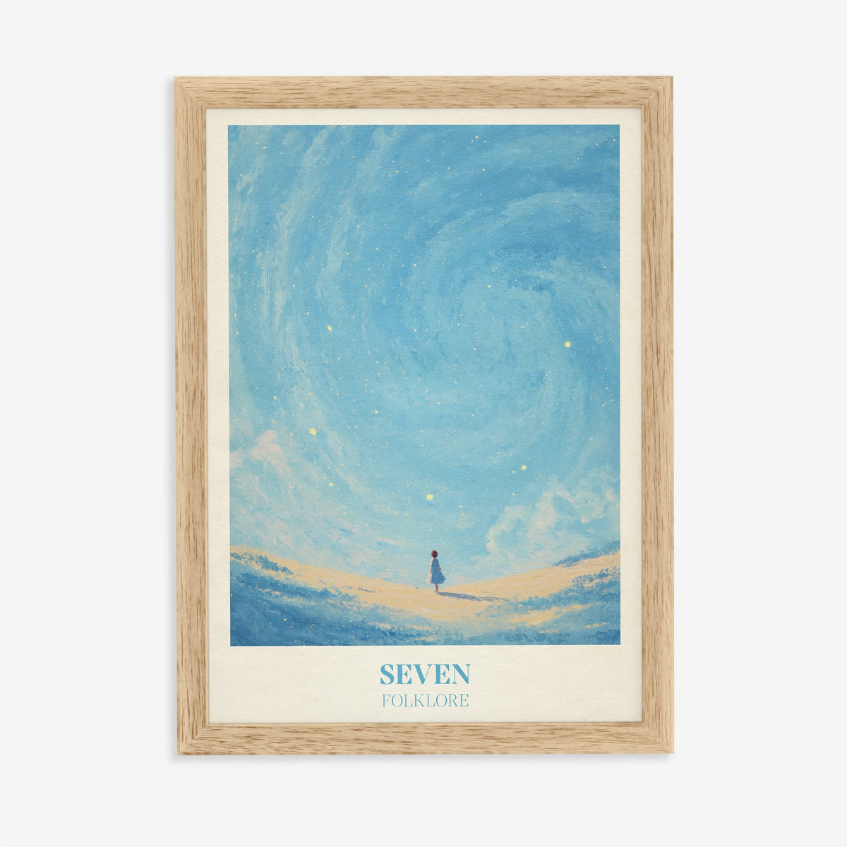 Seven Taylor Swift print of a little girl in a blue dress under a swirling, starry blue sky, in an oak frame on a plain wall
