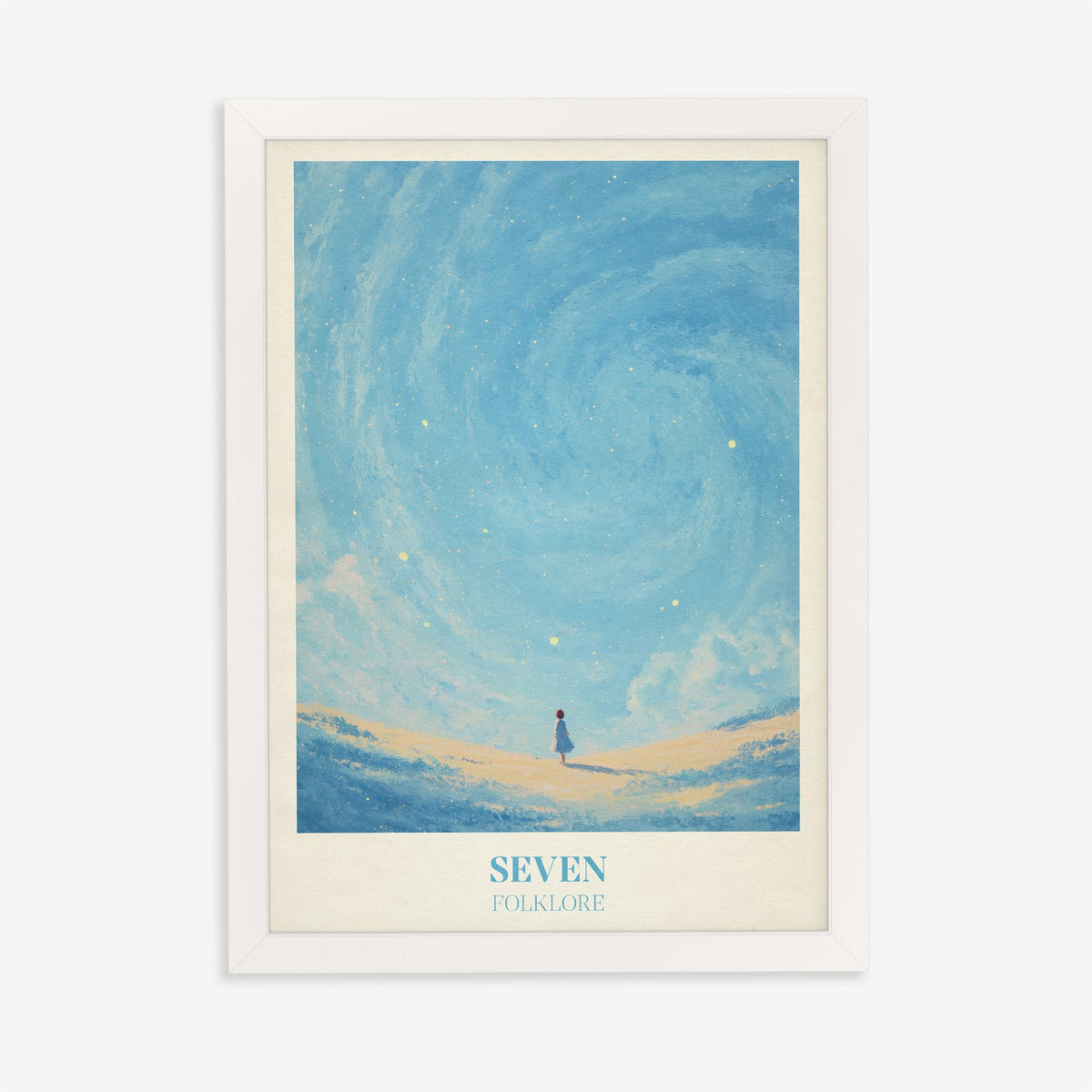 Seven Taylor Swift print of a little girl in a blue dress under a swirling, starry blue sky, in a white frame on a plain wall
