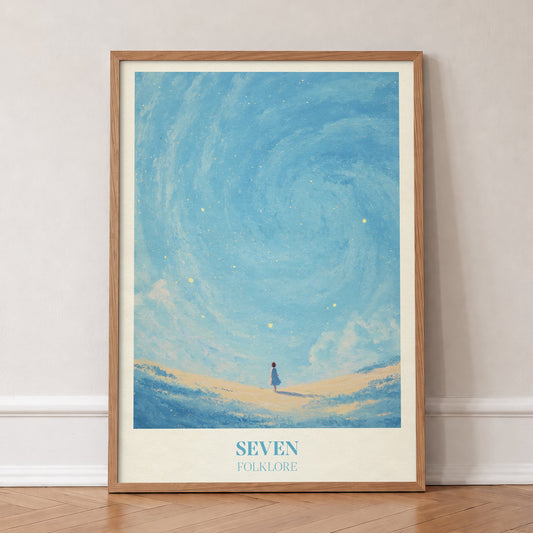 Seven Taylor Swift print of a little girl in a blue dress under a swirling, starry blue sky, in an oak frame, leaning against a wall on a herringbone floor