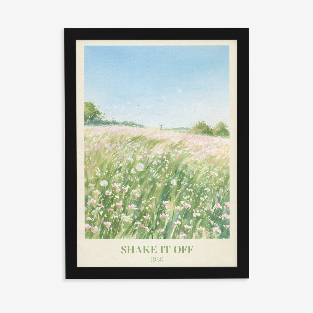 Shake It Off Taylor Swift print of a pink wildflower meadow, in a black frame on a plain wall
