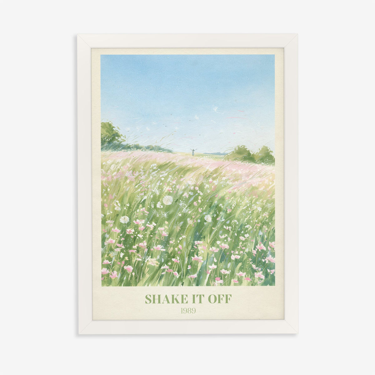 Shake It Off Taylor Swift print of a pink wildflower meadow, in a white frame on a plain wall