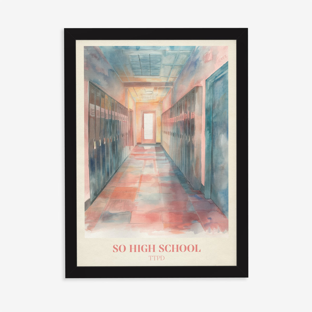 So High School Taylor Swift print of a pink and blue school corridor lined with lockers, in a black frame on a plain wall