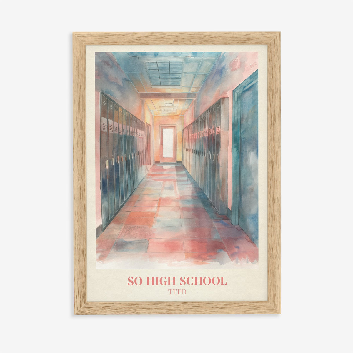 So High School Taylor Swift print of a pink and blue school corridor lined with lockers, in an oak frame on a plain wall
