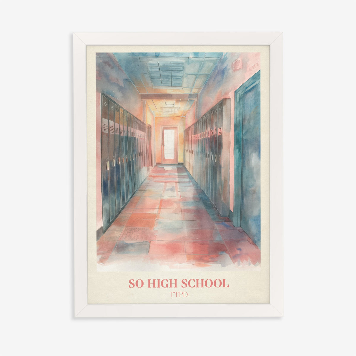 So High School Taylor Swift print of a pink and blue school corridor lined with lockers, in a white frame on a plain wall
