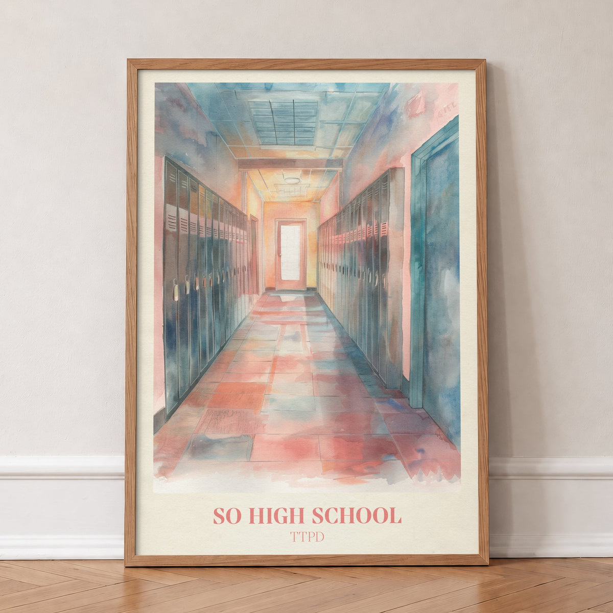 So High School Taylor Swift print of a pink and blue school corridor lined with lockers, in an oak frame, leaning against a wall on a herringbone floor