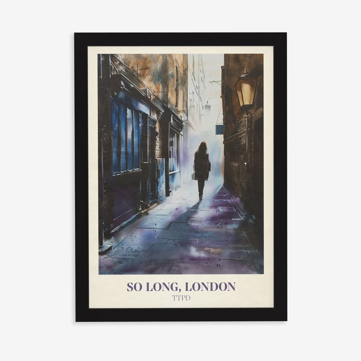 So Long London Taylor Swift print of a woman walking alone down a lamplit alley at dusk, in a black frame on a plain wall